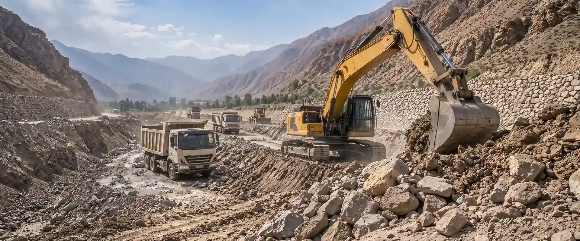 Excavadora cargando un volquete en un movimiento de tierras en quebrada